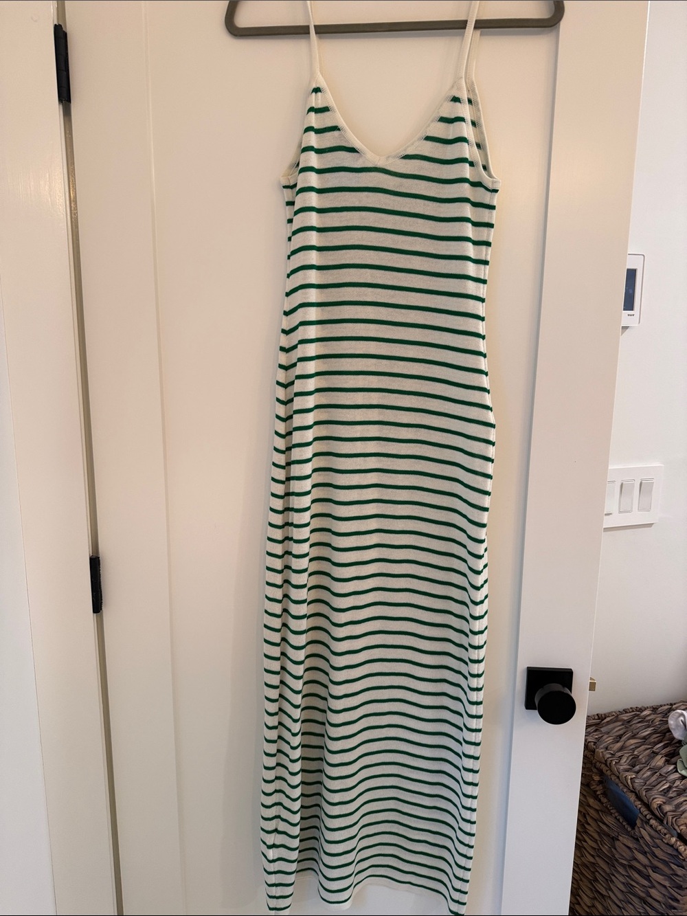 naked wardrobe Green & White Striped V-Neck Maxi Slip Dress with Slim Straps